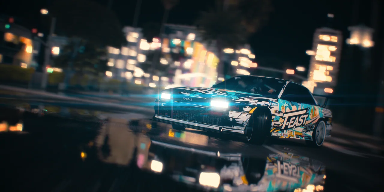 A drift car reflected in wet city asphalt beneath neon lights.